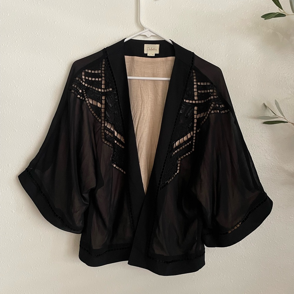 ANTHROPOLOGIE DELETTA Black open batwing black kimono size Small